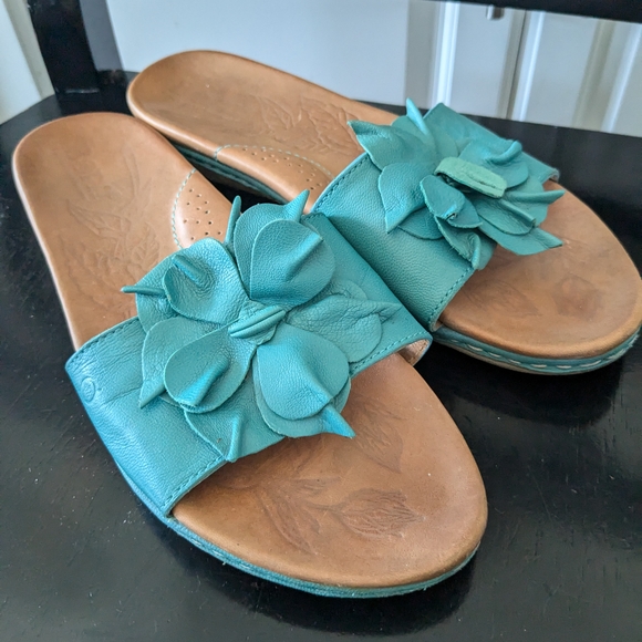 Born Shoes - Born Teal Floral Leather Slide Sandals